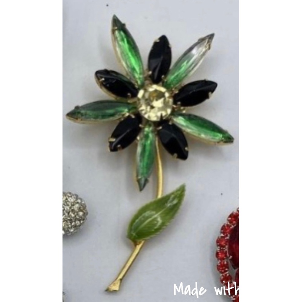 Vintage Floral Brooch with Green and Black Petals
